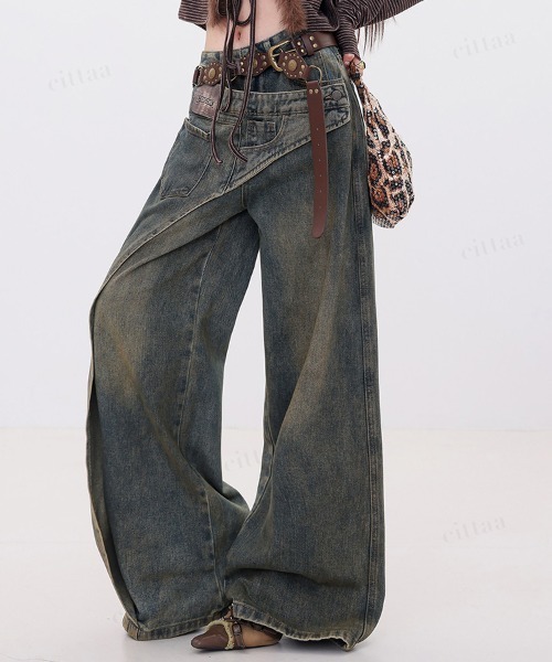 Dalfwin（ダールフィン）の「韓国ファッション 左右非対称デザインハイウエストワイドデニム（デニムパンツ・レディース・ブルー・SMALL/MEDIUM/LARGE）」の6枚目の写真