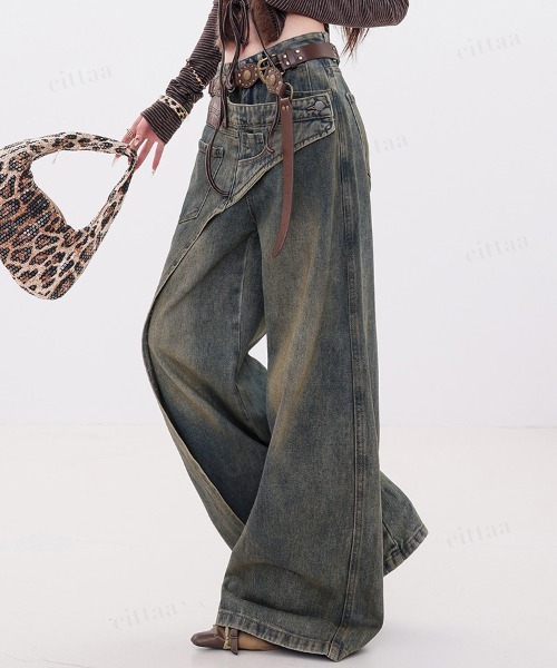 Dalfwin（ダールフィン）の「韓国ファッション 左右非対称デザインハイウエストワイドデニム（デニムパンツ・レディース・ブルー・SMALL/MEDIUM/LARGE）」の5枚目の写真