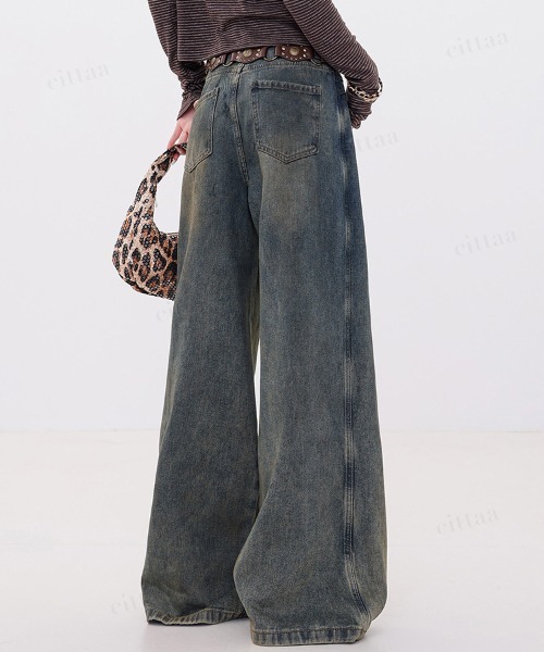 Dalfwin（ダールフィン）の「韓国ファッション 左右非対称デザインハイウエストワイドデニム（デニムパンツ・レディース・ブルー・SMALL/MEDIUM/LARGE）」の4枚目の写真