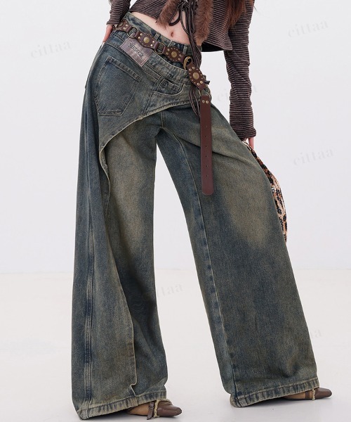 Dalfwin（ダールフィン）の「韓国ファッション 左右非対称デザインハイウエストワイドデニム（デニムパンツ・レディース・ブルー・SMALL/MEDIUM/LARGE）」の2枚目の写真