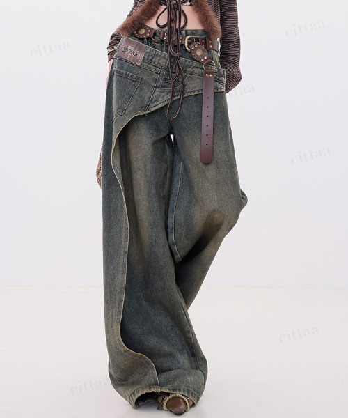 Dalfwin（ダールフィン）の「韓国ファッション 左右非対称デザインハイウエストワイドデニム（デニムパンツ・レディース・ブルー・SMALL/MEDIUM/LARGE）」の21枚目の写真