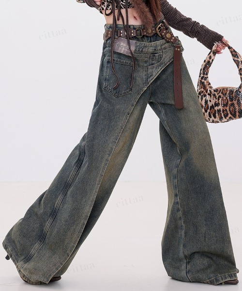 Dalfwin（ダールフィン）の「韓国ファッション 左右非対称デザインハイウエストワイドデニム（デニムパンツ・レディース・ブルー・SMALL/MEDIUM/LARGE）」の20枚目の写真