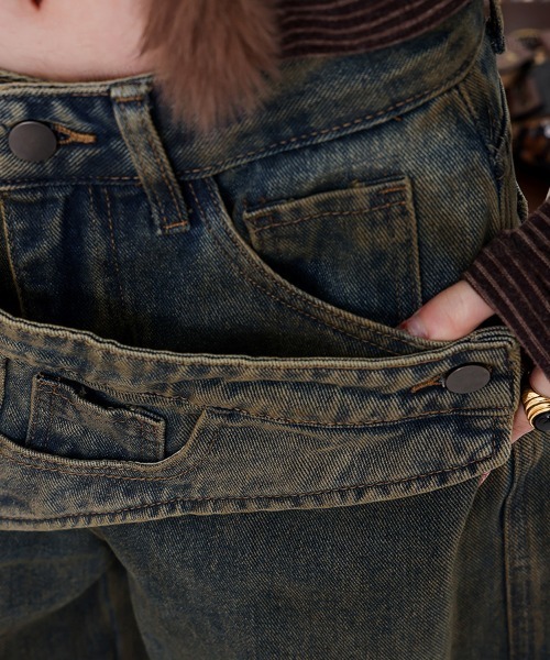 Dalfwin（ダールフィン）の「韓国ファッション 左右非対称デザインハイウエストワイドデニム（デニムパンツ・レディース・ブルー・SMALL/MEDIUM/LARGE）」の19枚目の写真