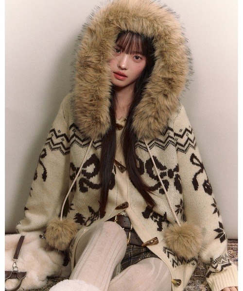 セール】リボンノルディック柄ファーニットカーディガン（カーディガン