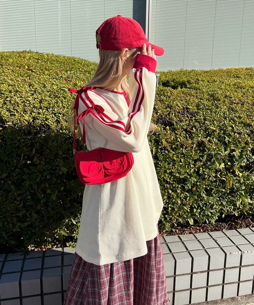 WC（ダブル シー）の「ヘンリーネックリボンラインワッフルロンT（Tシャツ/カットソー・レディース・アイボリー/サックスブルー/ピンク・FREE）」の6枚目の写真