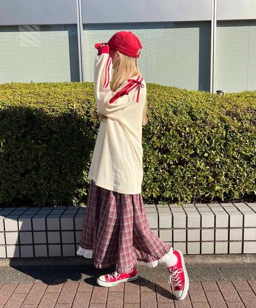 WC（ダブル シー）の「ヘンリーネックリボンラインワッフルロンT（Tシャツ/カットソー・レディース・アイボリー/サックスブルー/ピンク・FREE）」の8枚目の写真