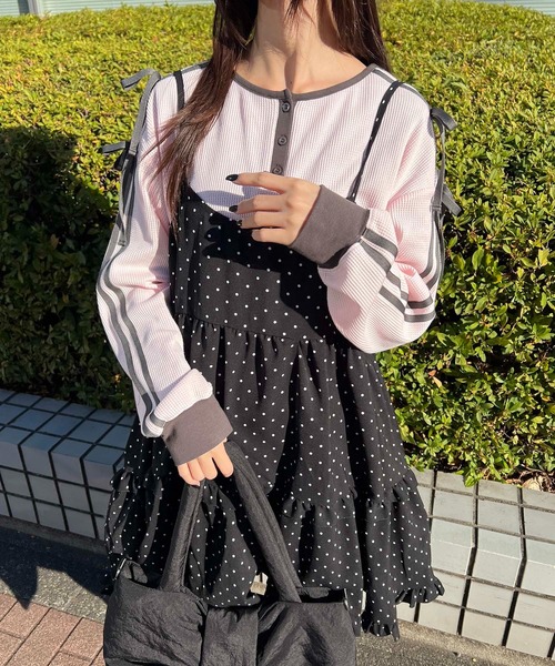WC（ダブル シー）の「ヘンリーネックリボンラインワッフルロンT（Tシャツ/カットソー・レディース・アイボリー/サックスブルー/ピンク・FREE）」の9枚目の写真