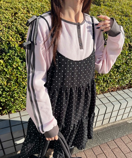 WC（ダブル シー）の「ヘンリーネックリボンラインワッフルロンT（Tシャツ/カットソー・レディース・アイボリー/サックスブルー/ピンク・FREE）」の10枚目の写真