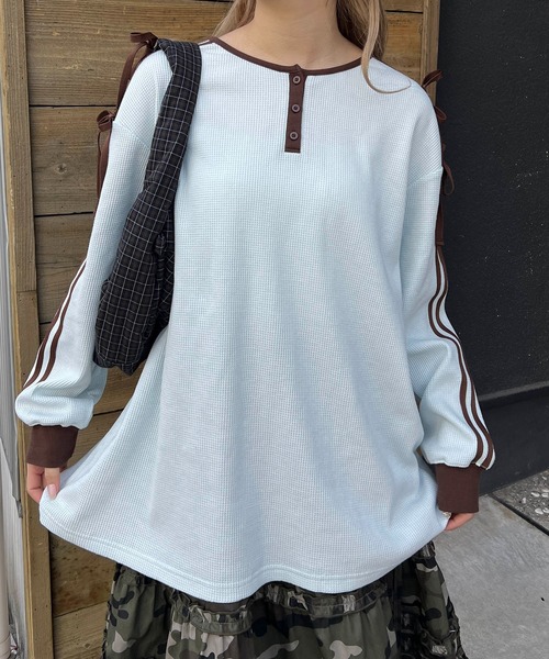 WC（ダブル シー）の「ヘンリーネックリボンラインワッフルロンT（Tシャツ/カットソー・レディース・アイボリー/サックスブルー/ピンク・FREE）」の13枚目の写真