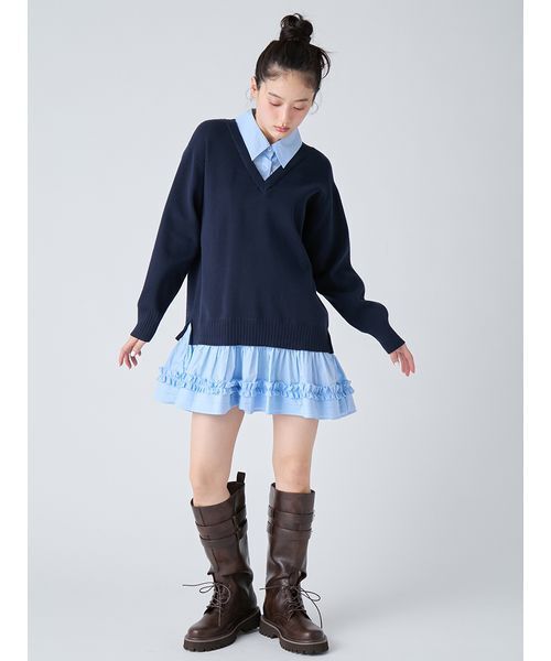 LILY BROWN(リリーブラウン)の「シャツドッキングミニワンピース(ワンピース・レディース・ネイビー/ブラウン/アイボリー・F)」の3枚目の写真