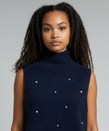 Snow Pearl Stud High-Neck Knit Vest (Navy)