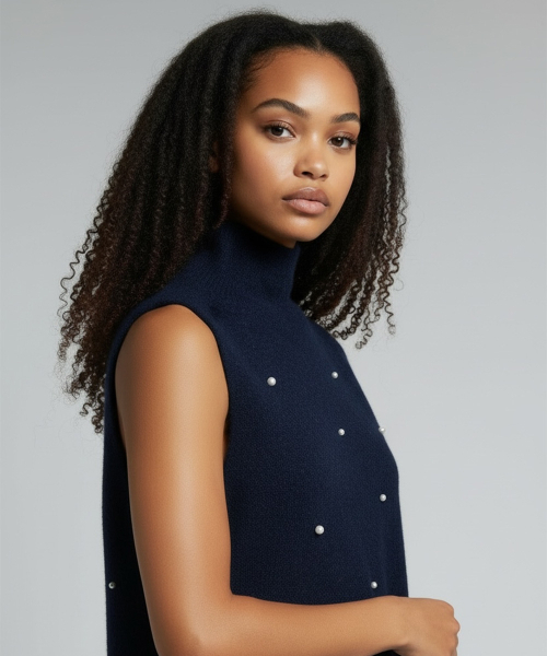 BORN SLIPPY(ボーンスリッピー)の「Snow Pearl Stud High-Neck Knit Vest (Navy)(ベスト・レディース・その他・FREE)」の2枚目の写真
