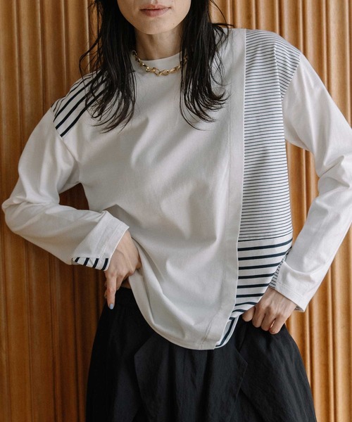 MARECHAL TERRE(マルシャルテル)の「ボーダー切替えトップス(Tシャツ/カットソー・レディース・ブラック/ネイビー/グレー/オフホワイト・MEDIUM)」の2枚目の写真