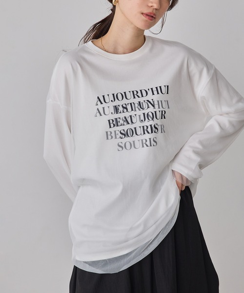 hunch(ハンチ)の「チュールレイヤード プリント長袖Tシャツ(Tシャツ/カットソー・レディース・オフホワイト/ブラック/ライトベージュ・FREE)」の1枚目の写真