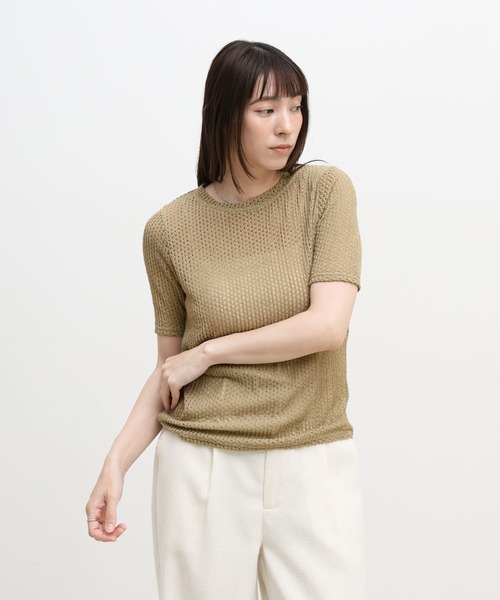 select MOCA(セレクトモカ)の「ストレッチ透かし編みデザインTシャツ(Tシャツ/カットソー・レディース・オフホワイト/チャコールグレー/ベージュ・FREE)」の10枚目の写真