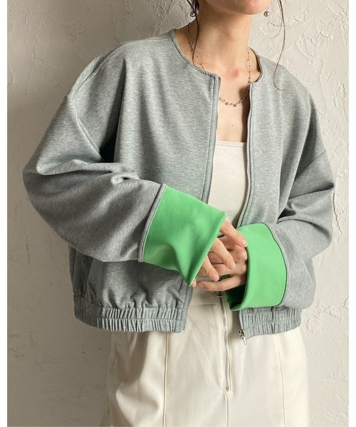 She's Closet(シーズクローゼット)の「ノーカラー長袖 ショート丈 ジップアップ 配色バイカラーブルゾン(ブルゾン・レディース・グレー/グレー系その他・FREE)」の19枚目の写真