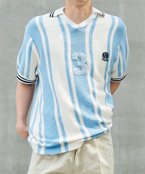 RICE NINE TEN(ライスナインテン)の「KNITTED SOCCER SHIRT(Tシャツ/カットソー・メンズ・チャコールグレー/ブルー・1/2)」の2枚目の写真