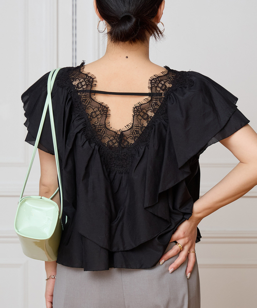 IENA LA BOUCLE（イエナラブークル）の「IENA LA BOUCLE レース Vネックブラウス（シャツ/ブラウス・レディース・ホワイト/ブラック・FREE）」の7枚目の写真