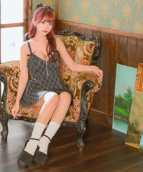 Tika（ティカ）の「キャバドレス ミニ フレア チェック キャミソール リボン ジップドレス ワンピース キャバワンピ（ワンピース・レディース・グレー/ブラウン・XL/L/M/S）」の11枚目の写真