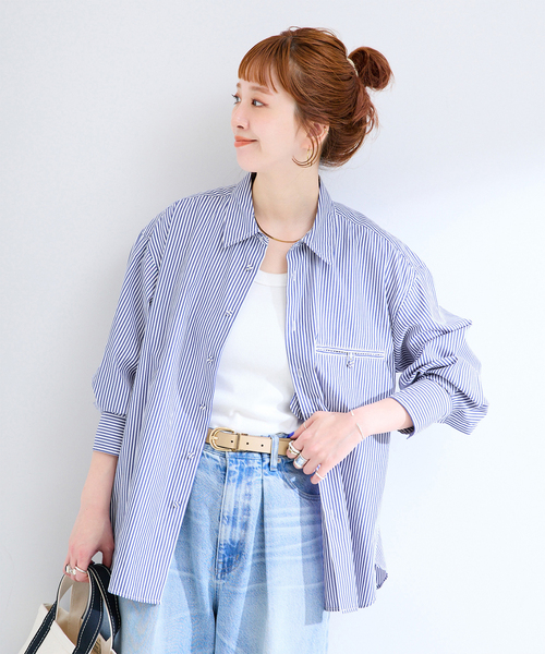B.C STOCK(ベーセーストック)の「《追加》ウォッシャブル / 無地ストライプ シャツ(シャツ/ブラウス・レディース・ブルー/ネイビー/ホワイト・FREE)」の1枚目の写真