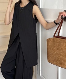 AMAJI（アマジ）の「韓国風 デザインスリット ノースリーブトップス＋ハイウエスト ワイドパンツ セットアップ（セットアップ）」