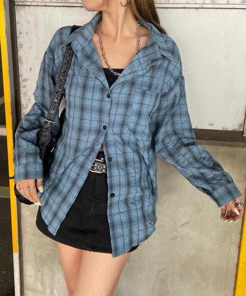 non-hedge(ノンヘッジ)の「ロングチェックシャツ(シャツ/ブラウス・レディース・ブラック/ライトブルー/オフホワイト/ブルー/ピンク・FREE)」の4枚目の写真