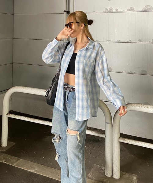 non-hedge(ノンヘッジ)の「ロングチェックシャツ(シャツ/ブラウス・レディース・ブラック/ライトブルー/オフホワイト/ブルー/ピンク・FREE)」の15枚目の写真