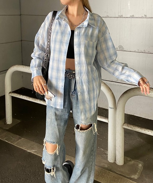 non-hedge(ノンヘッジ)の「ロングチェックシャツ(シャツ/ブラウス・レディース・ブラック/ライトブルー/オフホワイト/ブルー/ピンク・FREE)」の16枚目の写真
