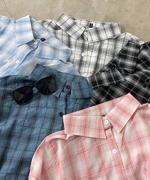 non-hedge(ノンヘッジ)の「ロングチェックシャツ(シャツ/ブラウス・レディース・ブラック/ライトブルー/オフホワイト/ブルー/ピンク・FREE)」の12枚目の写真