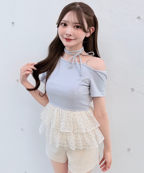 NOMAE(ノーマエ)の「ドットワンショルペプラムトップス(Tシャツ/カットソー・レディース・ブラック/ライトイエロー/ピンク/ライトブルー・FREE)」の2枚目の写真