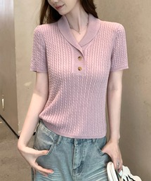 襟付き ケーブル編み ハーフボタン 半袖ニットトップス