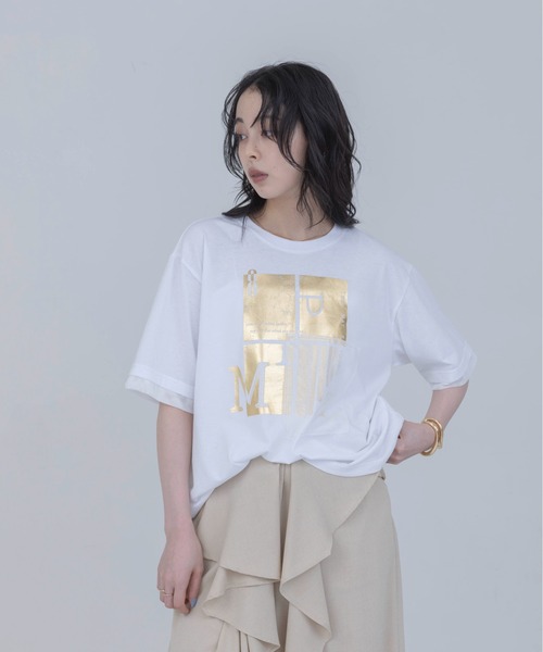 Eimee Law(エイミーロウ)の「箔プリント メッシュコンビネーションTシャツ(Tシャツ/カットソー・レディース・オフホワイト/ベージュ/ブラック・FREE)」の11枚目の写真