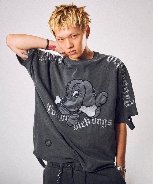 GALFY（ガルフィー）の「【GALFY】病みに還りしTシャツ / 【ガルフィー】ロゴダメージ半袖Tシャツ（Tシャツ/カットソー・メンズ・チャコール/ライトグレー/ホワイト・L/XL）」の6枚目の写真