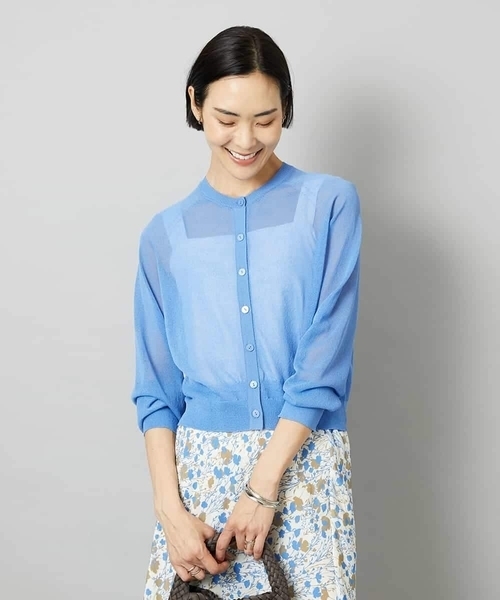 MICHEL KLEIN(ミッシェル・クラン)の「ホールガーメント®シアークルーネックカーディガン(その他アウター・レディース・ブルー/ブラック・38/40)」の2枚目の写真