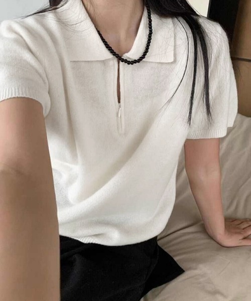 Miniministore(ミニミニストア)の「ハーフジップポロシャツ 半袖サマーニット(Tシャツ/カットソー・レディース・ホワイト/ワインレッド/ライトグレー/ネイビー/ライトイエロー/ダークグレー・FREE)」の7枚目の写真