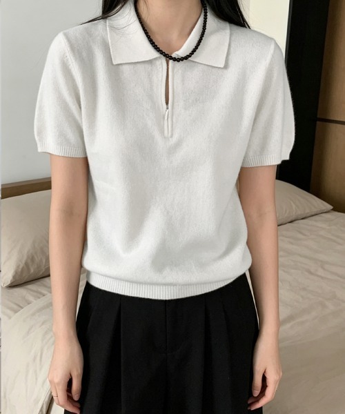 Miniministore(ミニミニストア)の「ハーフジップポロシャツ 半袖サマーニット(Tシャツ/カットソー・レディース・ホワイト/ワインレッド/ライトグレー/ネイビー/ライトイエロー/ダークグレー・FREE)」の8枚目の写真