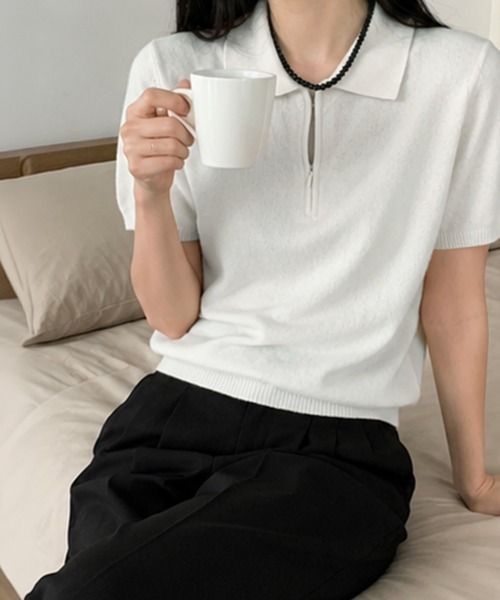 Miniministore(ミニミニストア)の「ハーフジップポロシャツ 半袖サマーニット(Tシャツ/カットソー・レディース・ホワイト/ワインレッド/ライトグレー/ネイビー/ライトイエロー/ダークグレー・FREE)」の9枚目の写真