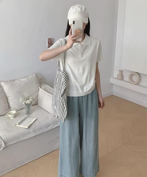 Miniministore(ミニミニストア)の「ハーフジップポロシャツ 半袖サマーニット(Tシャツ/カットソー・レディース・ホワイト/ワインレッド/ライトグレー/ネイビー/ライトイエロー/ダークグレー・FREE)」の11枚目の写真