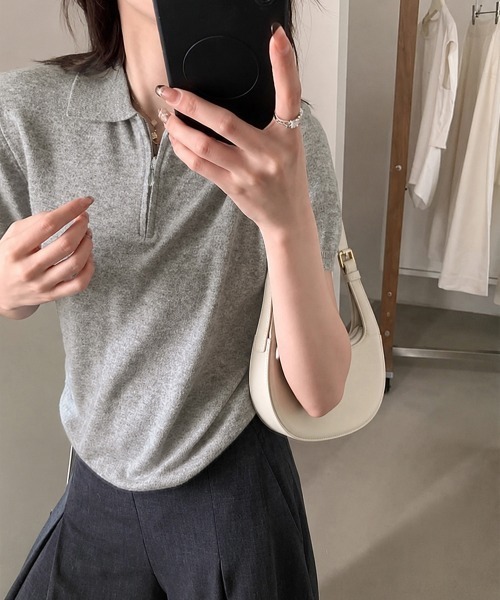 Miniministore(ミニミニストア)の「ハーフジップポロシャツ 半袖サマーニット(Tシャツ/カットソー・レディース・ホワイト/ワインレッド/ライトグレー/ネイビー/ライトイエロー/ダークグレー・FREE)」の12枚目の写真