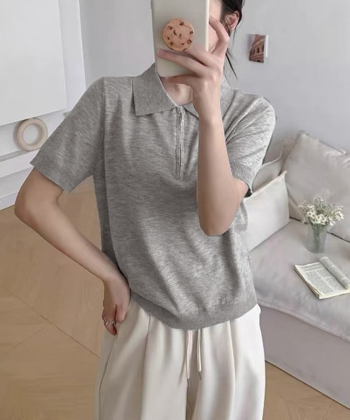 Miniministore(ミニミニストア)の「ハーフジップポロシャツ 半袖サマーニット(Tシャツ/カットソー・レディース・ホワイト/ワインレッド/ライトグレー/ネイビー/ライトイエロー/ダークグレー・FREE)」の13枚目の写真