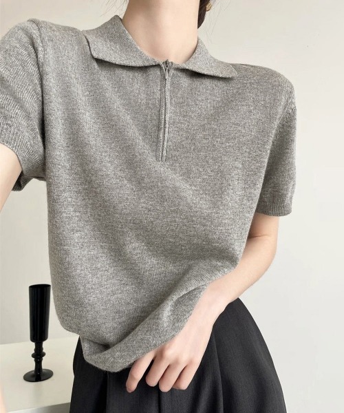 Miniministore(ミニミニストア)の「ハーフジップポロシャツ 半袖サマーニット(Tシャツ/カットソー・レディース・ホワイト/ワインレッド/ライトグレー/ネイビー/ライトイエロー/ダークグレー・FREE)」の14枚目の写真