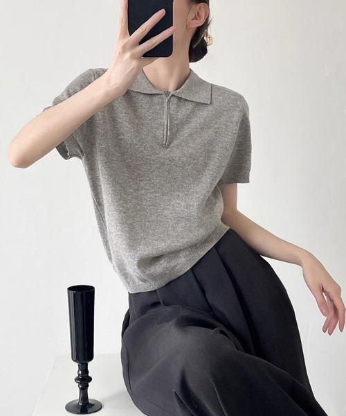 Miniministore(ミニミニストア)の「ハーフジップポロシャツ 半袖サマーニット(Tシャツ/カットソー・レディース・ホワイト/ワインレッド/ライトグレー/ネイビー/ライトイエロー/ダークグレー・FREE)」の15枚目の写真