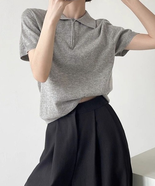 Miniministore(ミニミニストア)の「ハーフジップポロシャツ 半袖サマーニット(Tシャツ/カットソー・レディース・ホワイト/ワインレッド/ライトグレー/ネイビー/ライトイエロー/ダークグレー・FREE)」の16枚目の写真