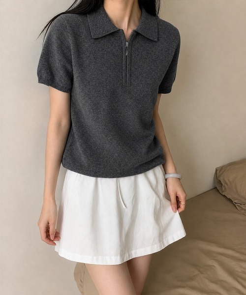 Miniministore(ミニミニストア)の「ハーフジップポロシャツ 半袖サマーニット(Tシャツ/カットソー・レディース・ホワイト/ワインレッド/ライトグレー/ネイビー/ライトイエロー/ダークグレー・FREE)」の17枚目の写真