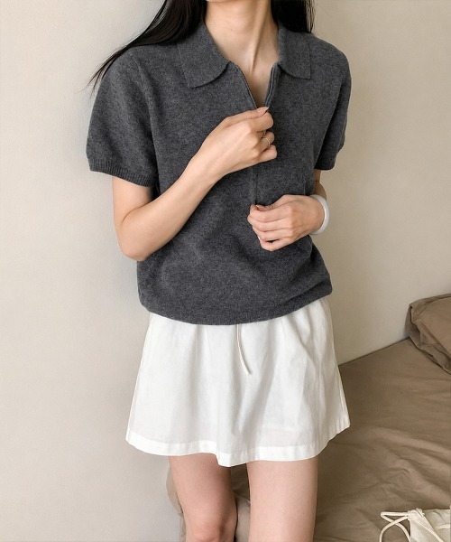 Miniministore(ミニミニストア)の「ハーフジップポロシャツ 半袖サマーニット(Tシャツ/カットソー・レディース・ホワイト/ワインレッド/ライトグレー/ネイビー/ライトイエロー/ダークグレー・FREE)」の18枚目の写真