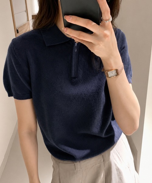 Miniministore(ミニミニストア)の「ハーフジップポロシャツ 半袖サマーニット(Tシャツ/カットソー・レディース・ホワイト/ワインレッド/ライトグレー/ネイビー/ライトイエロー/ダークグレー・FREE)」の19枚目の写真