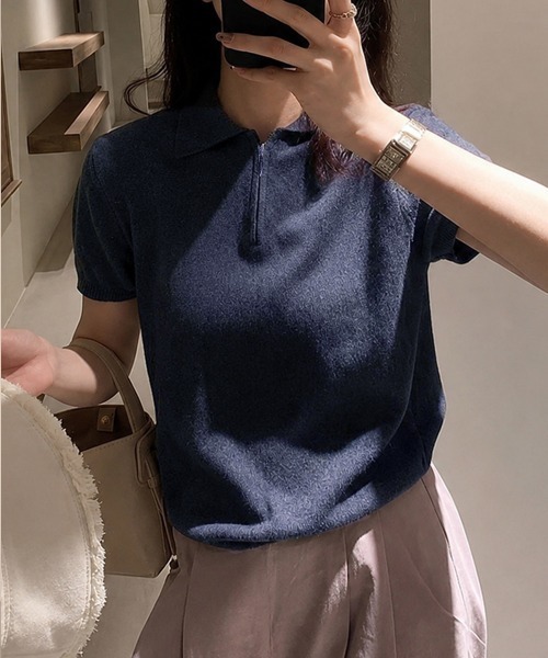 Miniministore(ミニミニストア)の「ハーフジップポロシャツ 半袖サマーニット(Tシャツ/カットソー・レディース・ホワイト/ワインレッド/ライトグレー/ネイビー/ライトイエロー/ダークグレー・FREE)」の20枚目の写真