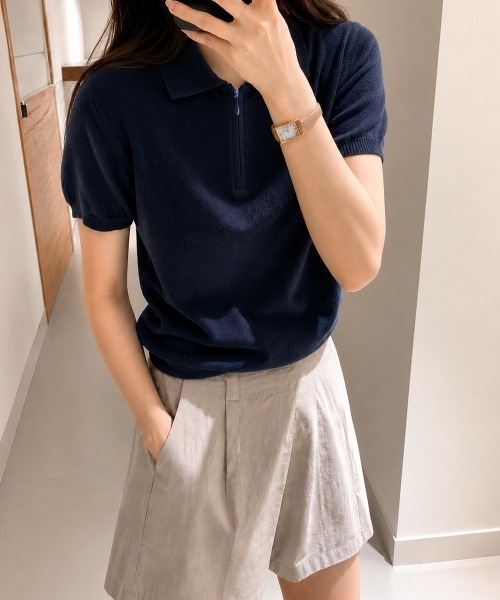 Miniministore(ミニミニストア)の「ハーフジップポロシャツ 半袖サマーニット(Tシャツ/カットソー・レディース・ホワイト/ワインレッド/ライトグレー/ネイビー/ライトイエロー/ダークグレー・FREE)」の21枚目の写真