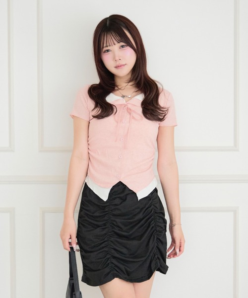 ALLuRing ChaRm(アリュリングチャーム)の「Faux Layered Ribbed Cardigan / フェイクレイヤードリブカーディガン(シャツ/ブラウス・レディース・ピンク/ライトブルー/ブラック・FREE)」の3枚目の写真