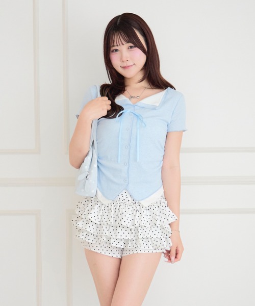 ALLuRing ChaRm(アリュリングチャーム)の「Faux Layered Ribbed Cardigan / フェイクレイヤードリブカーディガン(シャツ/ブラウス・レディース・ピンク/ライトブルー/ブラック・FREE)」の2枚目の写真